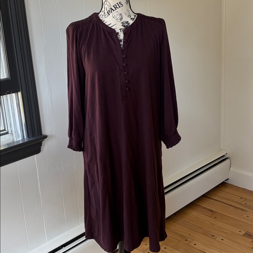 J. Jill Spiced Wine Burgundy Plum Cottagecore Fall Smocked Henley Dress